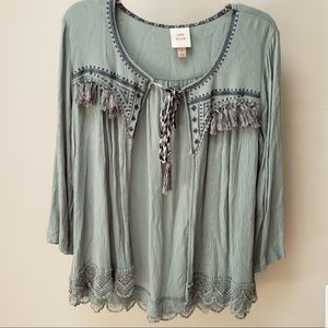 Knox Rose Boho Fringe Embroidered Peasant Top